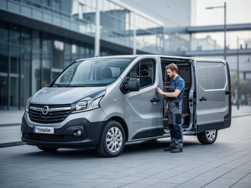 Srebrny Nissan Primastar zaparkowany na miejskiej ulicy, przy którym mężczyzna sprawdza przestrzeń ładunkową vana.