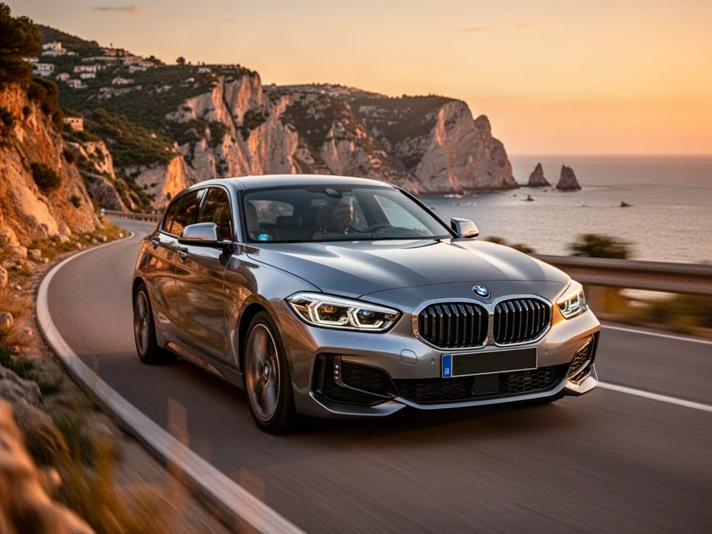 Nowoczesne BMW serii 1 jadące krętą nadmorską drogą w blasku zachodzącego słońca.