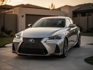 Srebrna Toyota Prius Plus zaparkowana na podjeździe nowoczesnego domu w słoneczny dzień.