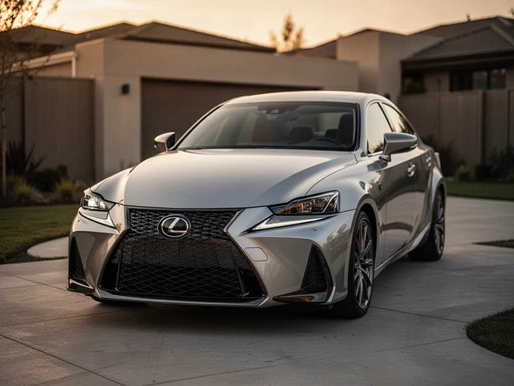 Srebrny Lexus IS 300 zaparkowany na nowoczesnym podjeździe w świetle zachodzącego słońca. Widok na przedni grill i reflektory.