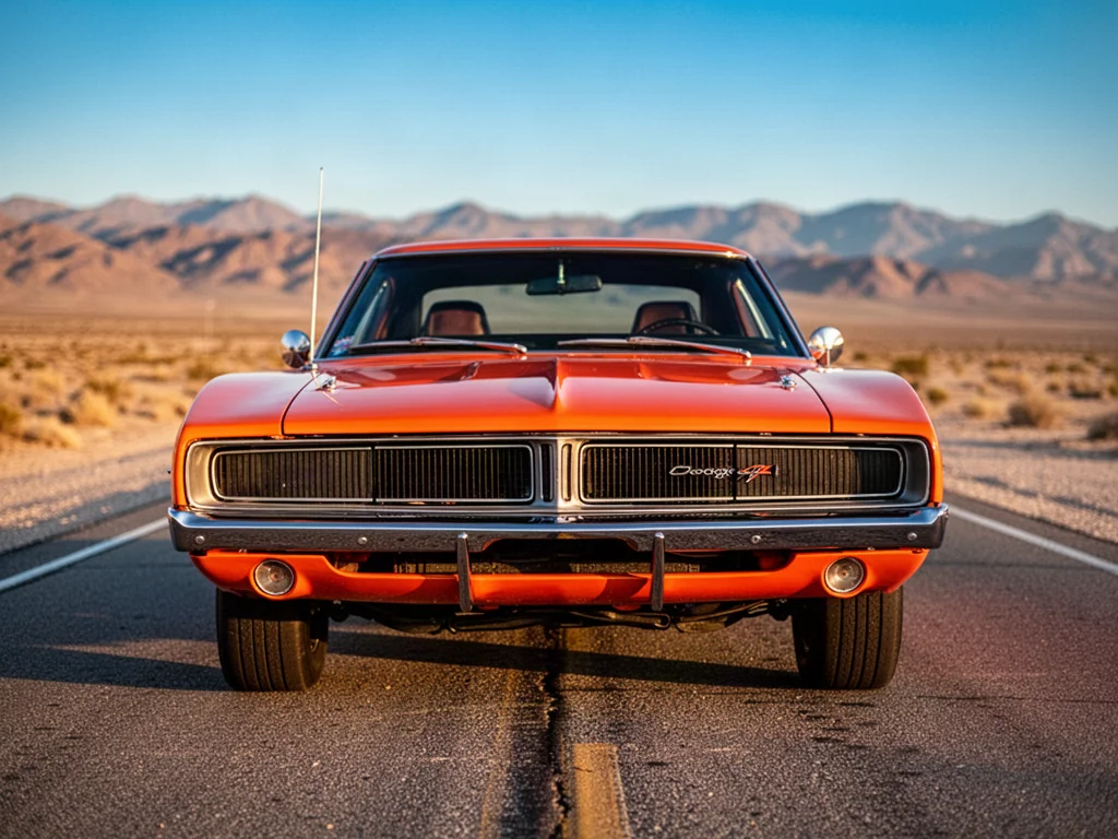 Klasyczny pomarańczowy Dodge Charger z 1969 roku zaparkowany na pustynnej drodze w blasku zachodzącego słońca.