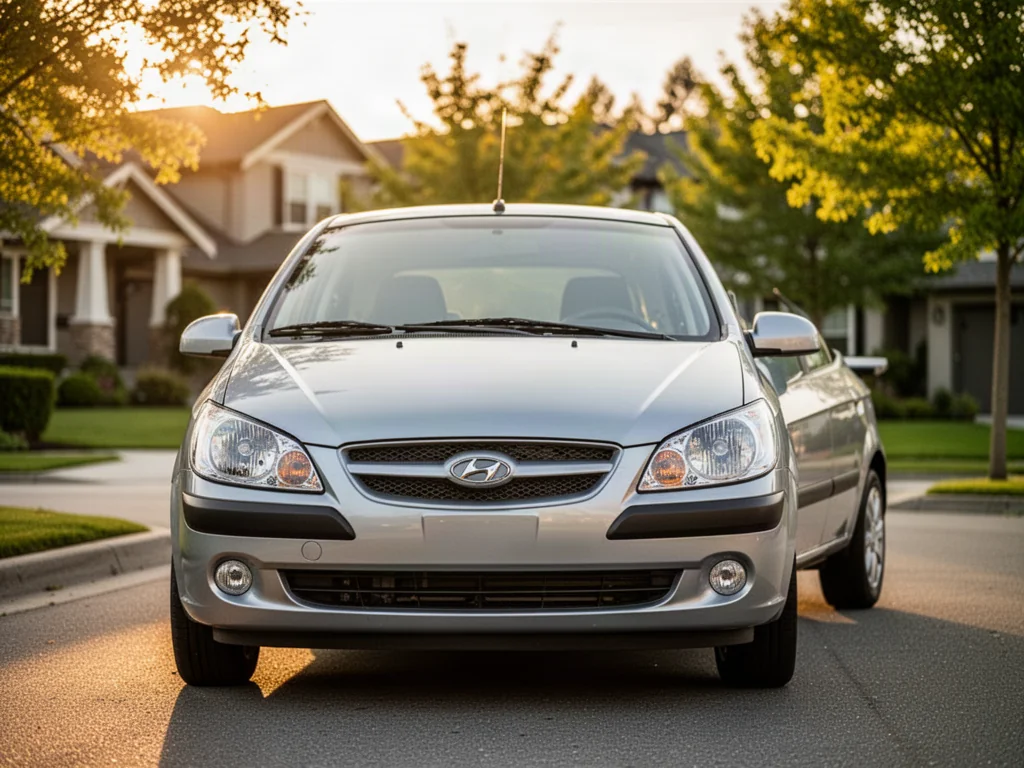 Srebrny Hyundai Getz zaparkowany na nowoczesnej ulicy w blasku zachodzącego słońca.