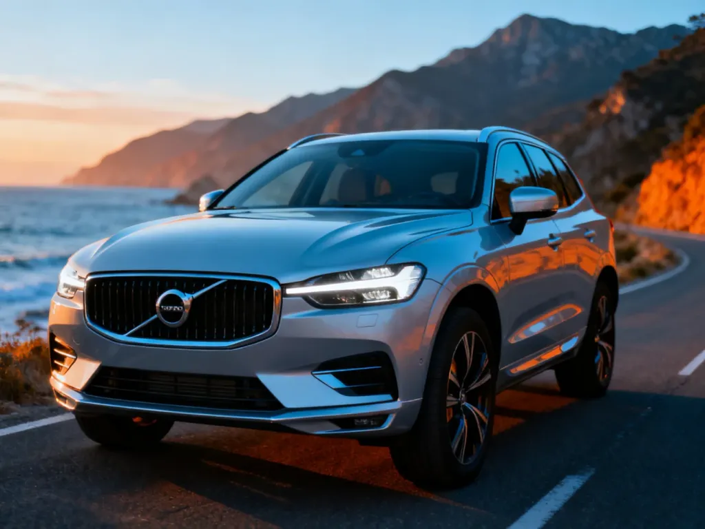 Srebrne Volvo XC60 zaparkowane na malowniczej nadmorskiej trasie podczas złotej godziny, z wyeksponowanymi reflektorami LED.