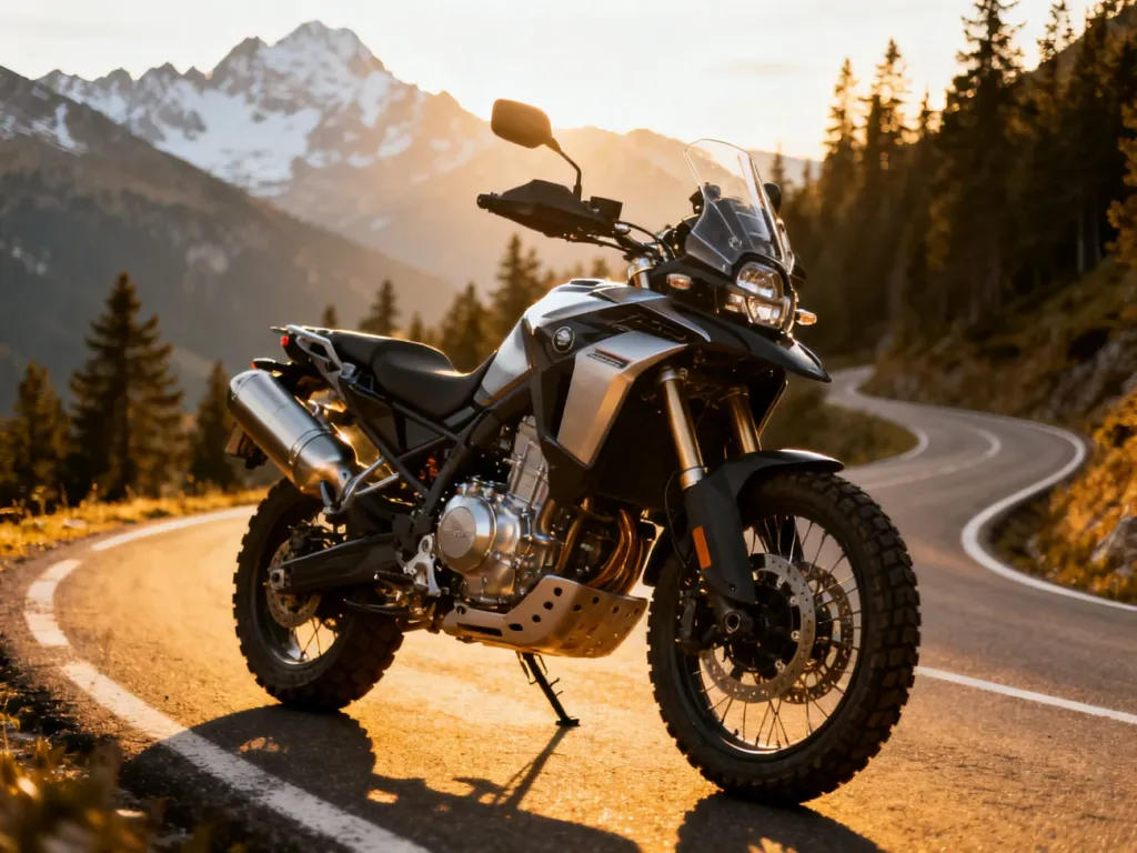 Nowoczesny motocykl Triumph Tiger 900 zaparkowany na krętej górskiej drodze w blasku zachodzącego słońca.
