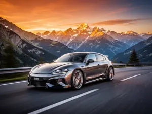 Srebrny Nissan GT-R R35 zaparkowany na mokrym torze podczas zachodu słońca, podkreślający agresywną stylistykę auta.