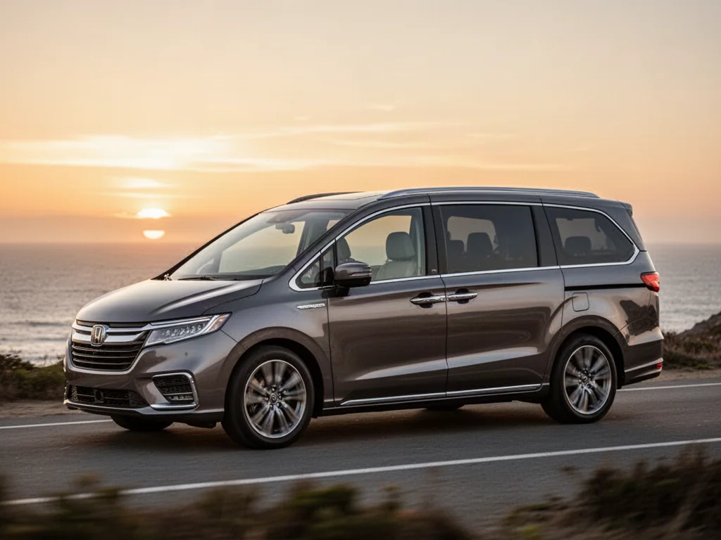 Nowoczesny minivan Kia Carnival zaparkowany na malowniczej nadmorskiej drodze podczas zachodu słońca.