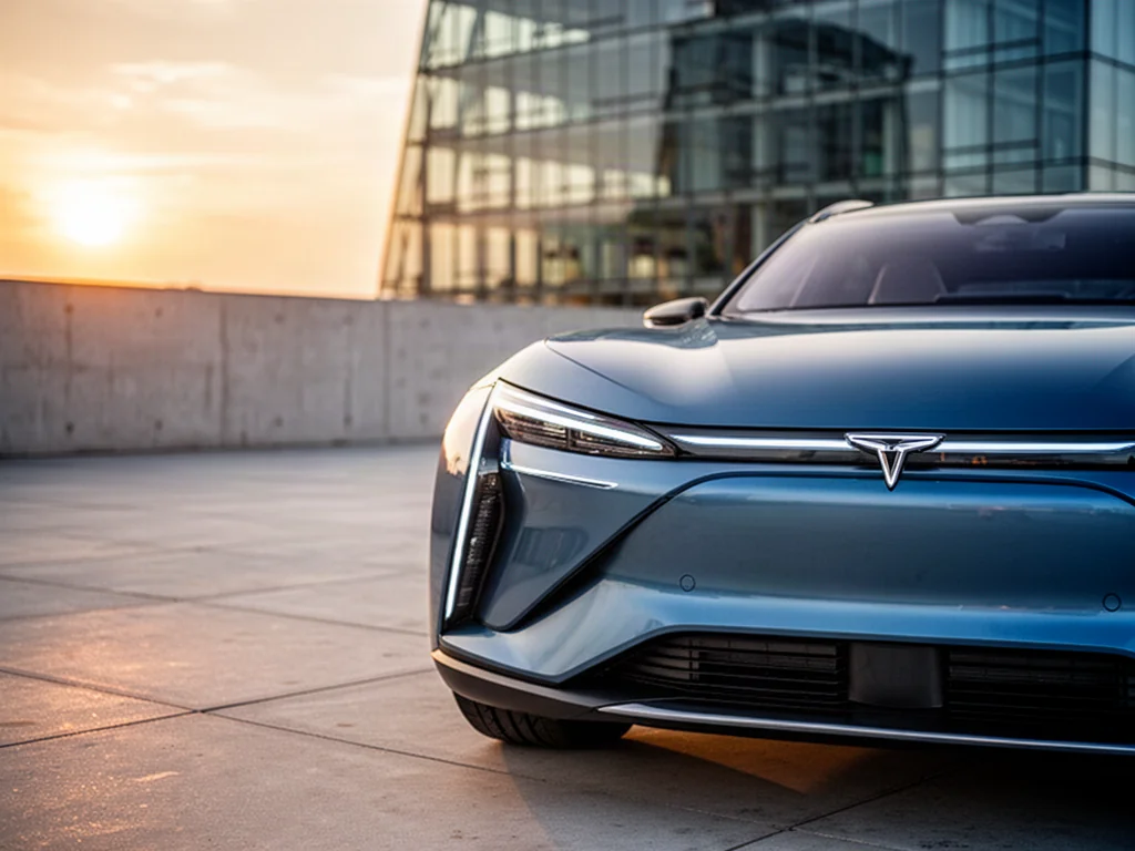 Nowoczesny elektryczny SUV Leapmotor b05 zaparkowany na minimalistycznym placu w świetle zachodzącego słońca.