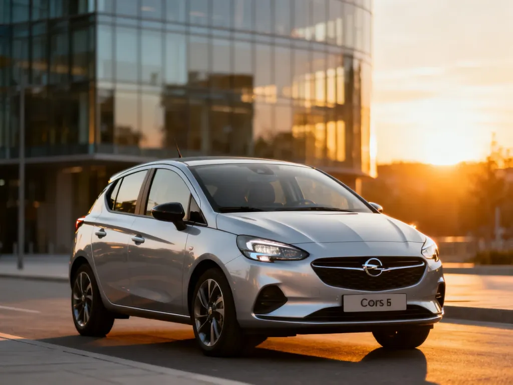 Srebrny Opel Corsa F zaparkowany na nowoczesnej ulicy w świetle zachodzącego słońca.