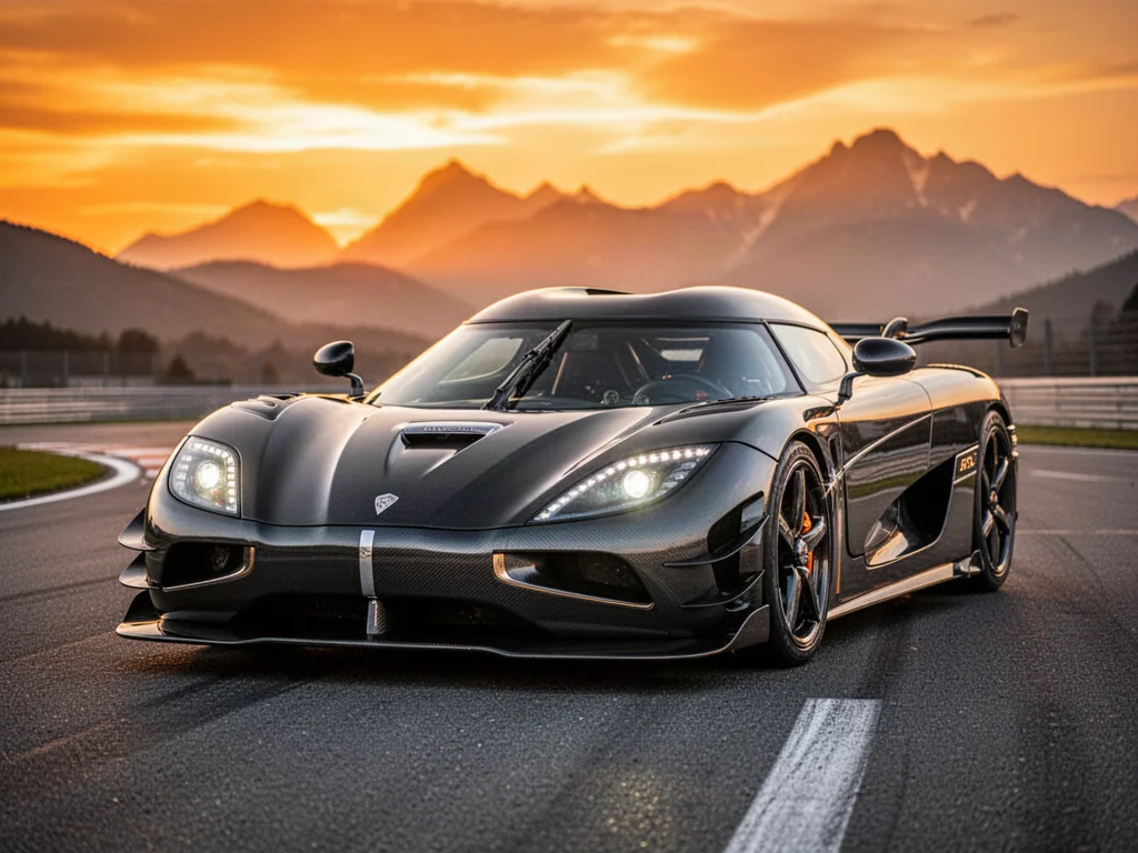 Koenigsegg Agera RS zaparkowany na torze wyścigowym podczas zachodu słońca, podkreślający aerodynamiczną sylwetkę auta.