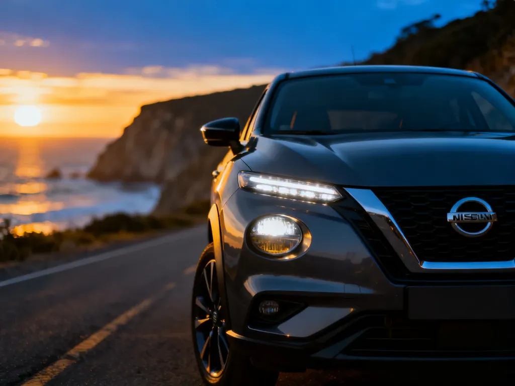 Nowoczesny Nissan Juke zaparkowany na malowniczej nadmorskiej drodze podczas zachodu słońca.