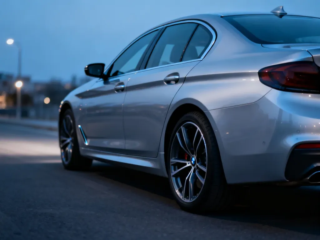 Srebrny sedan BMW serii 5 G30 zaparkowany na asfaltowej drodze w wieczornej scenerii, podkreślającej elegancką sylwetkę auta.