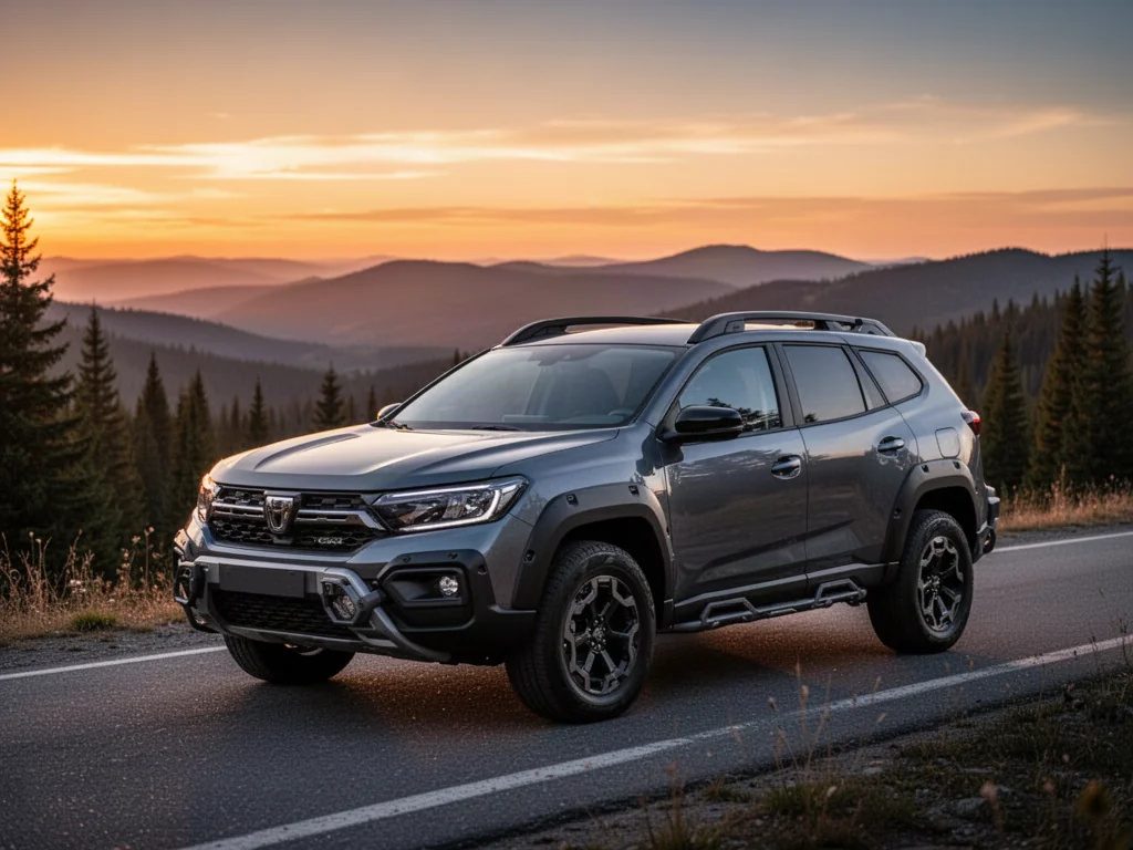 Dacia Sandero Stepway zaparkowana na górskiej drodze o zachodzie słońca, podkreślająca swój terenowy charakter.