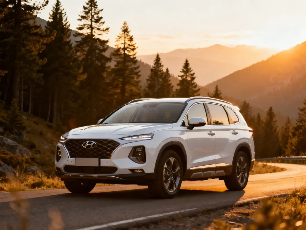 Biały Hyundai Santa Fe zaparkowany na malowniczej górskiej drodze w świetle zachodzącego słońca.