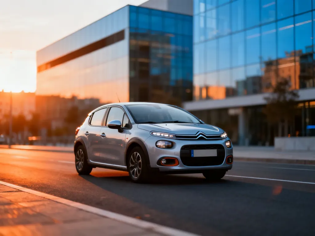 Srebrny Citroen C3 zaparkowany na tle nowoczesnej miejskiej architektury w świetle zachodzącego słońca.
