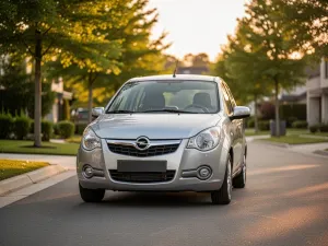 Srebrny Renault Megane zaparkowany na malowniczej nadmorskiej drodze podczas złotej godziny.