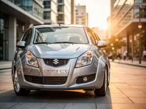 Srebrna Mazda 5 zaparkowana na podjeździe nowoczesnego domu w świetle zachodzącego słońca.