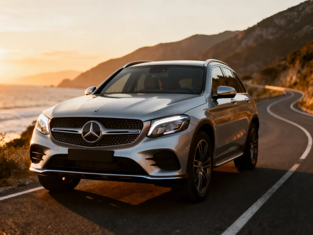 Srebrny Mercedes-Benz GLC zaparkowany na malowniczej nadmorskiej drodze podczas zachodu słońca.