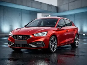 Sportowe auto na pustym placu z śladami opon, w tle zarys radiowozu – nawiązanie do mandatu za drift.