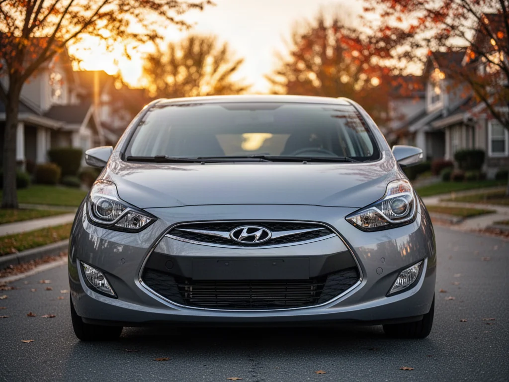 Srebrny Hyundai ix20 zaparkowany na podmiejskiej ulicy w jesiennym świetle zachodzącego słońca.