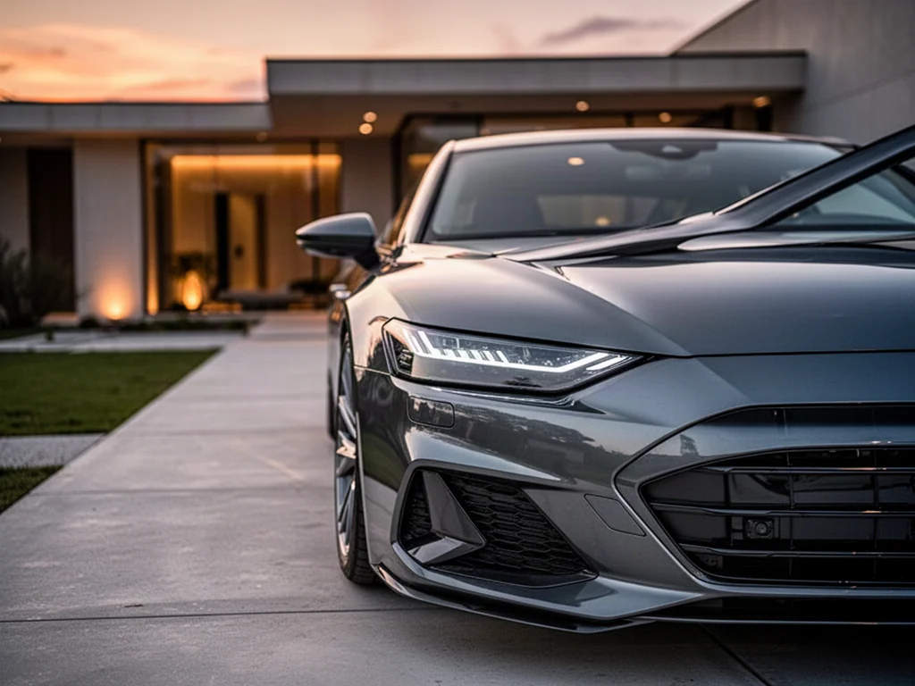 Szary Audi A7 zaparkowany na nowoczesnym podjeździe o zachodzie słońca, podkreślający aerodynamiczną sylwetkę auta.