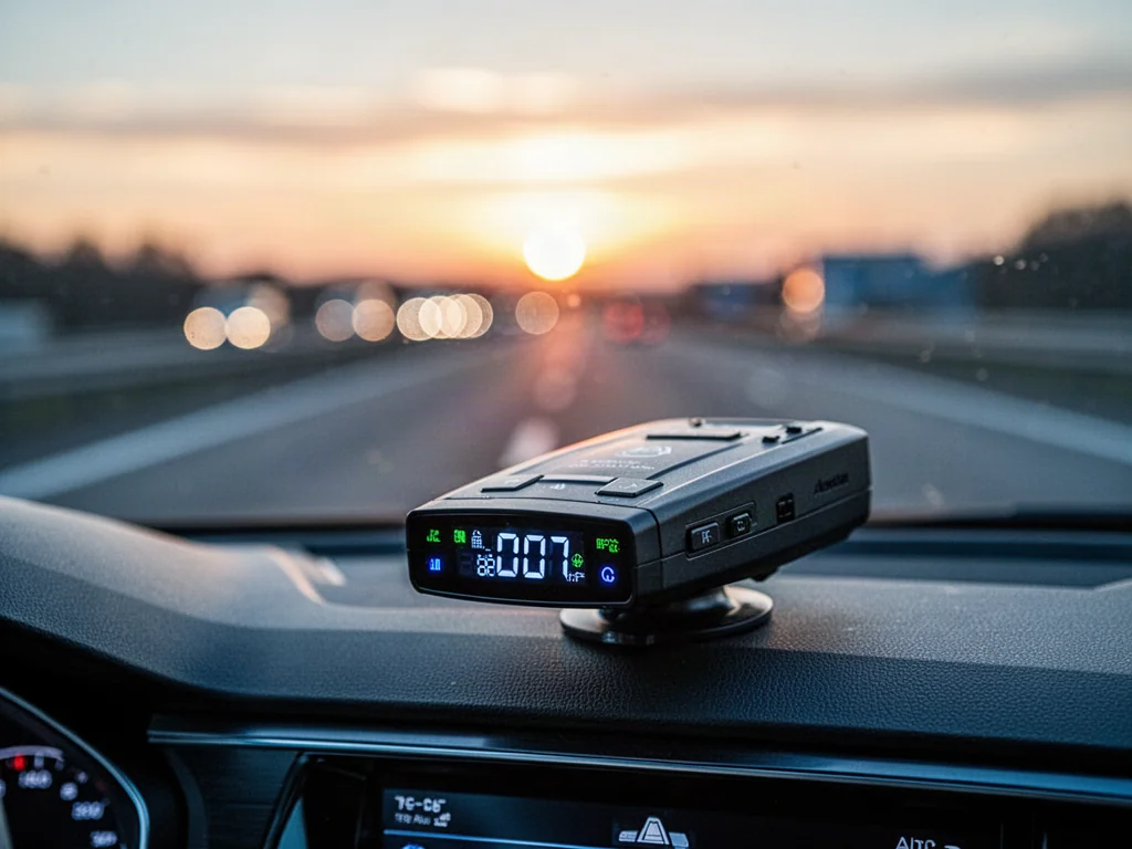 Nowoczesny antyradar zamontowany na desce rozdzielczej samochodu z widoczną w tle autostradą o zachodzie słońca.