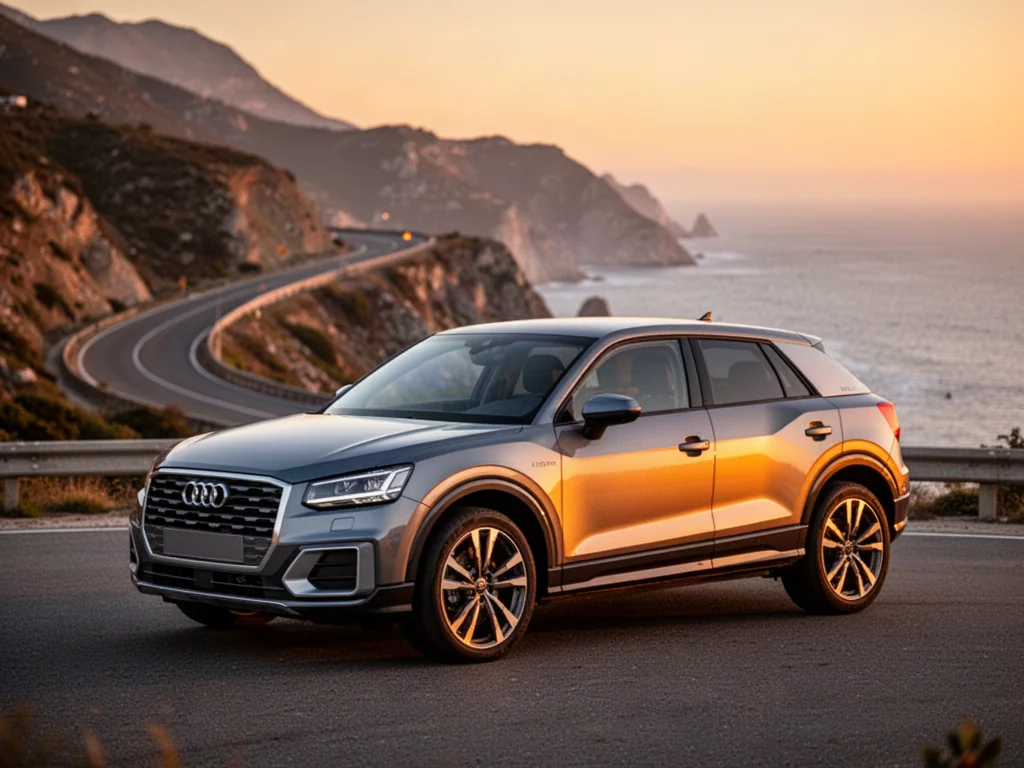 Nowoczesne Audi Q2 zaparkowane na malowniczej nadmorskiej drodze podczas zachodu słońca.