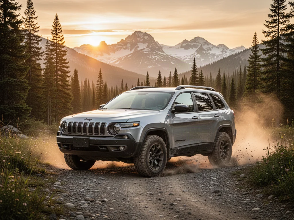 Srebrny Jeep Cherokee jadący górską ścieżką w blasku zachodzącego słońca, podkreślający terenowy charakter modelu.