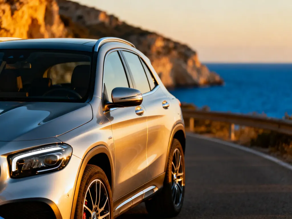 Srebrny Mercedes GLA zaparkowany na malowniczej nadmorskiej drodze podczas złotej godziny.
