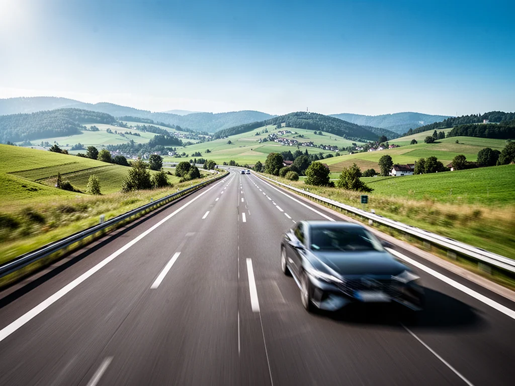 Nowoczesna autostrada S17 biegnąca przez malowniczy, zielony krajobraz w słoneczny dzień.