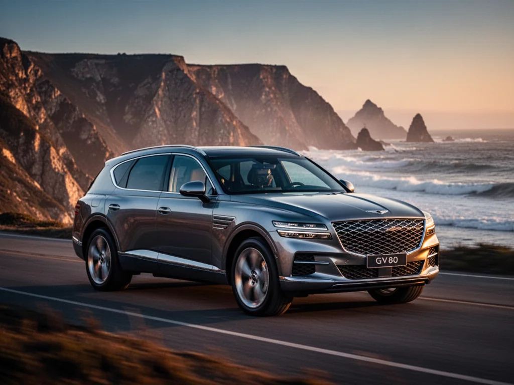 Luksusowy SUV Genesis GV80 zaparkowany na malowniczej nadmorskiej drodze podczas złotej godziny.