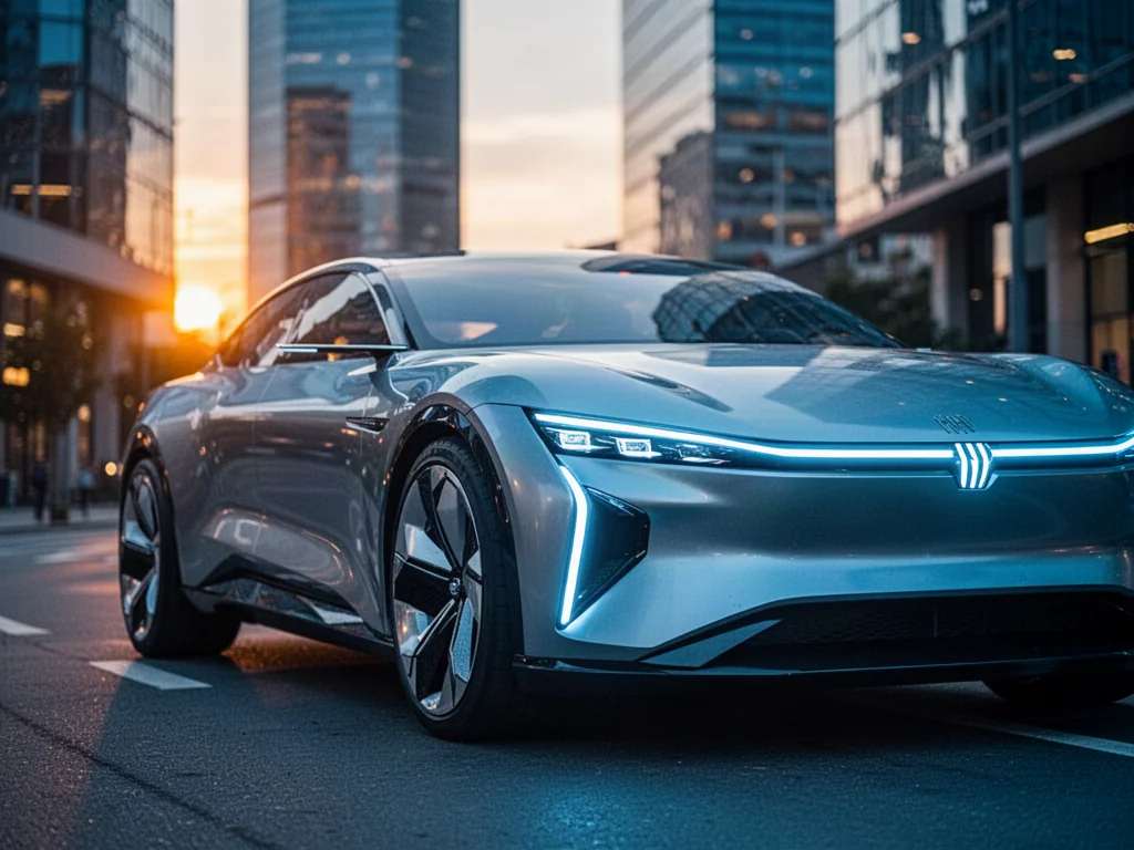 Futurystyczny elektryczny SUV BMW iX3 Neue Klasse z podświetlaną sygnaturą świetlną na tle nowoczesnego miasta o zachodzie.