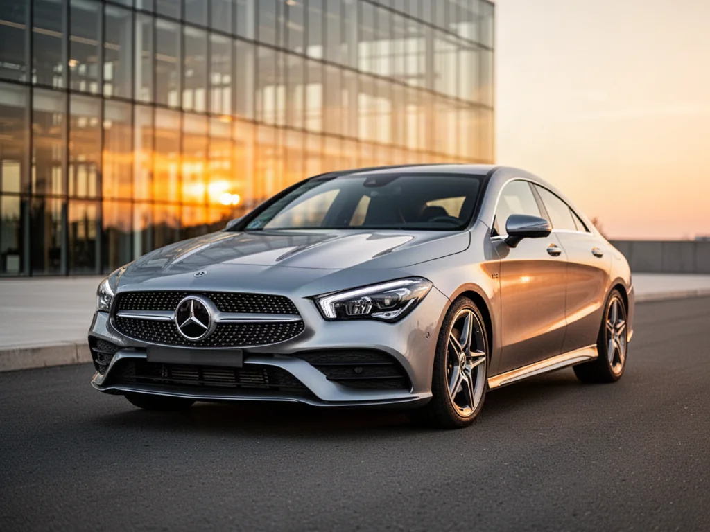Srebrny Mercedes CLA zaparkowany na tle nowoczesnego budynku w świetle zachodzącego słońca.