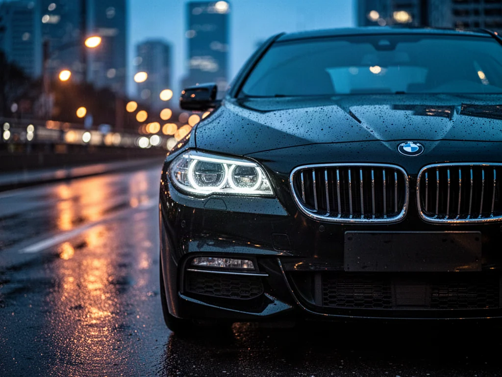 Czarny BMW F10 z charakterystycznym grillem i reflektorami LED na mokrym asfalcie w wieczornej scenerii miasta.