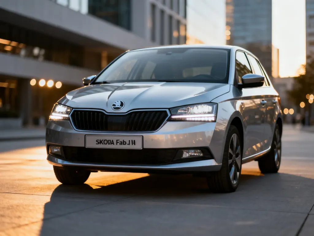 Srebrna Skoda Fabia IV zaparkowana na nowoczesnej ulicy w świetle zachodzącego słońca.