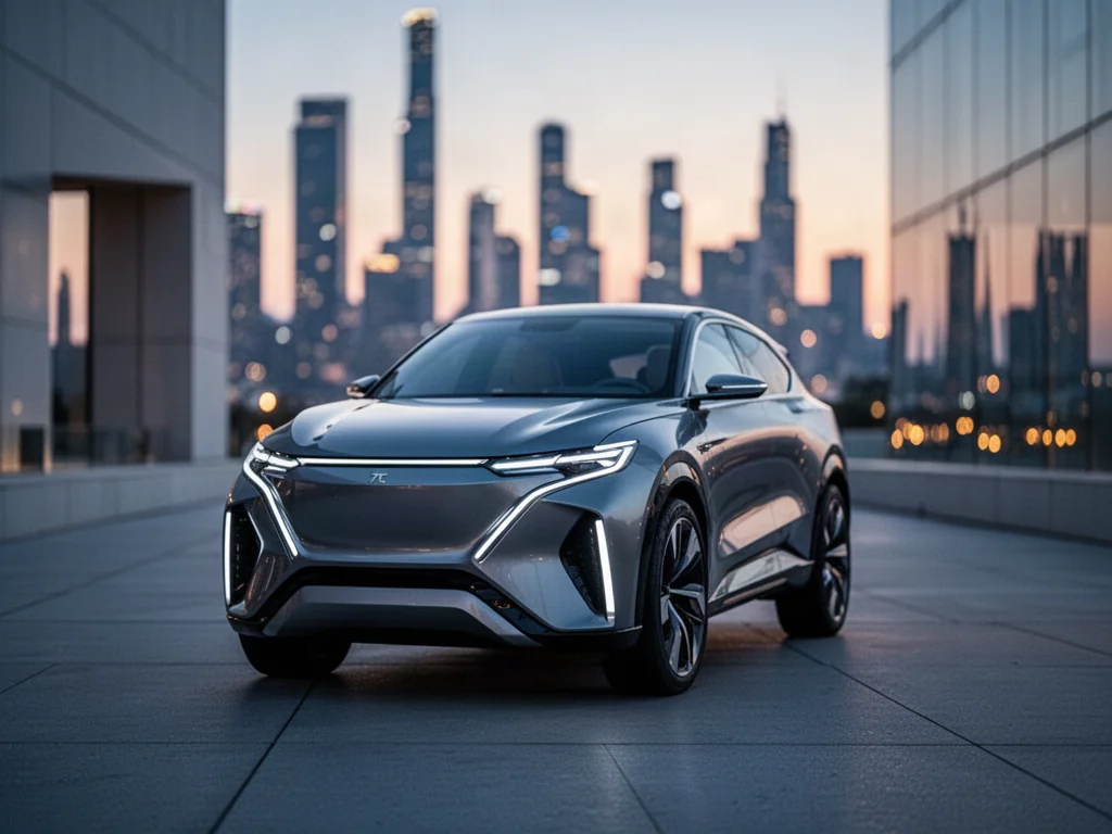 Nowoczesny SUV Omoda zaparkowany na tle miejskiego krajobrazu o zachodzie słońca, podkreślający jego dynamiczny design.