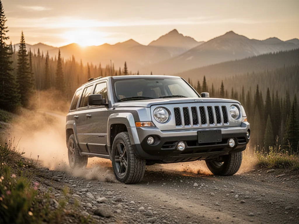 Srebrny Jeep Patriot jadący po piaszczystym górskim szlaku w blasku zachodzącego słońca.