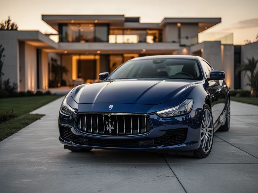 Ciemnoniebieskie Maserati Ghibli zaparkowane na nowoczesnym podjeździe w świetle zachodzącego słońca.