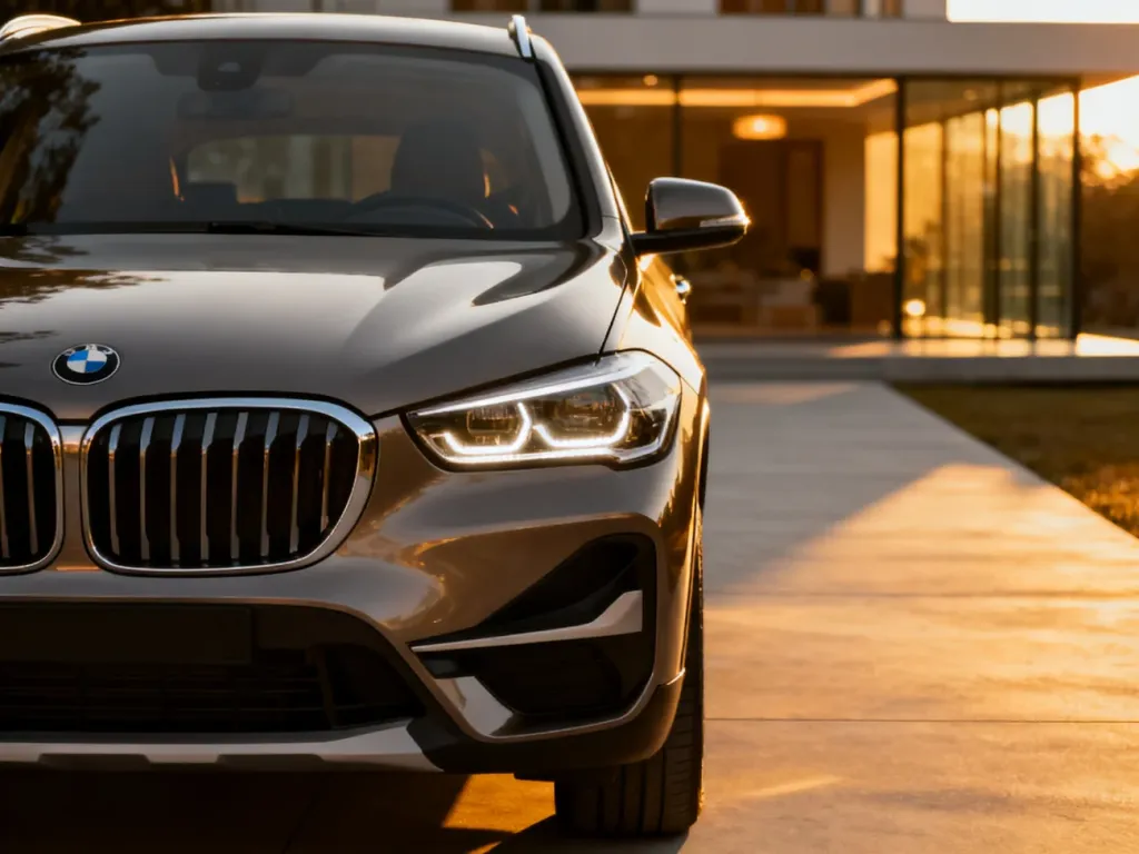 Nowoczesny BMW X1 zaparkowany na minimalistycznym podjeździe w świetle zachodzącego słońca.