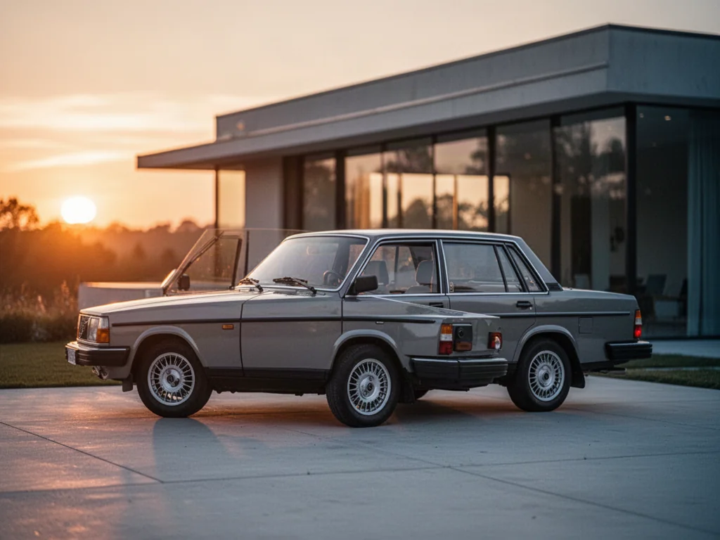 Klasyczne Volvo 740 zaparkowane na podjeździe w świetle zachodzącego słońca na tle nowoczesnego skandynawskiego domu.