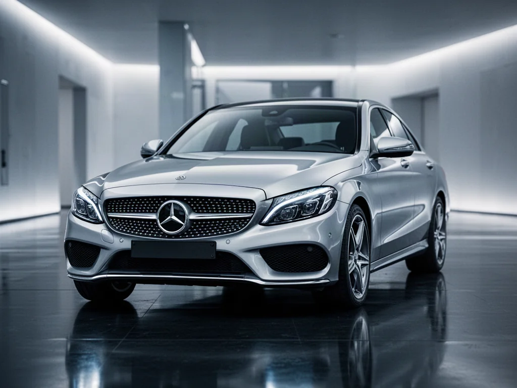 Srebrny Mercedes-Benz klasy C w nowoczesnym studiu, wyeksponowany na lśniącym podłożu z subtelnym oświetleniem LED.