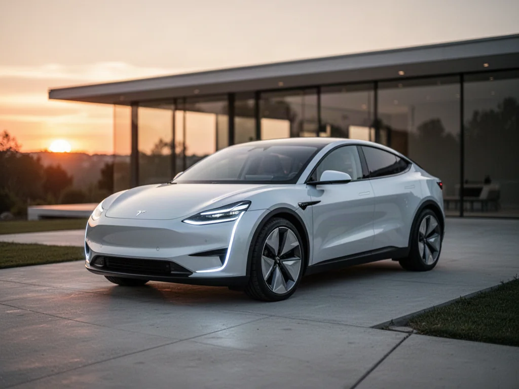 Biały elektryczny SUV Xpeng G6 zaparkowany na nowoczesnym podjeździe o zachodzie słońca.