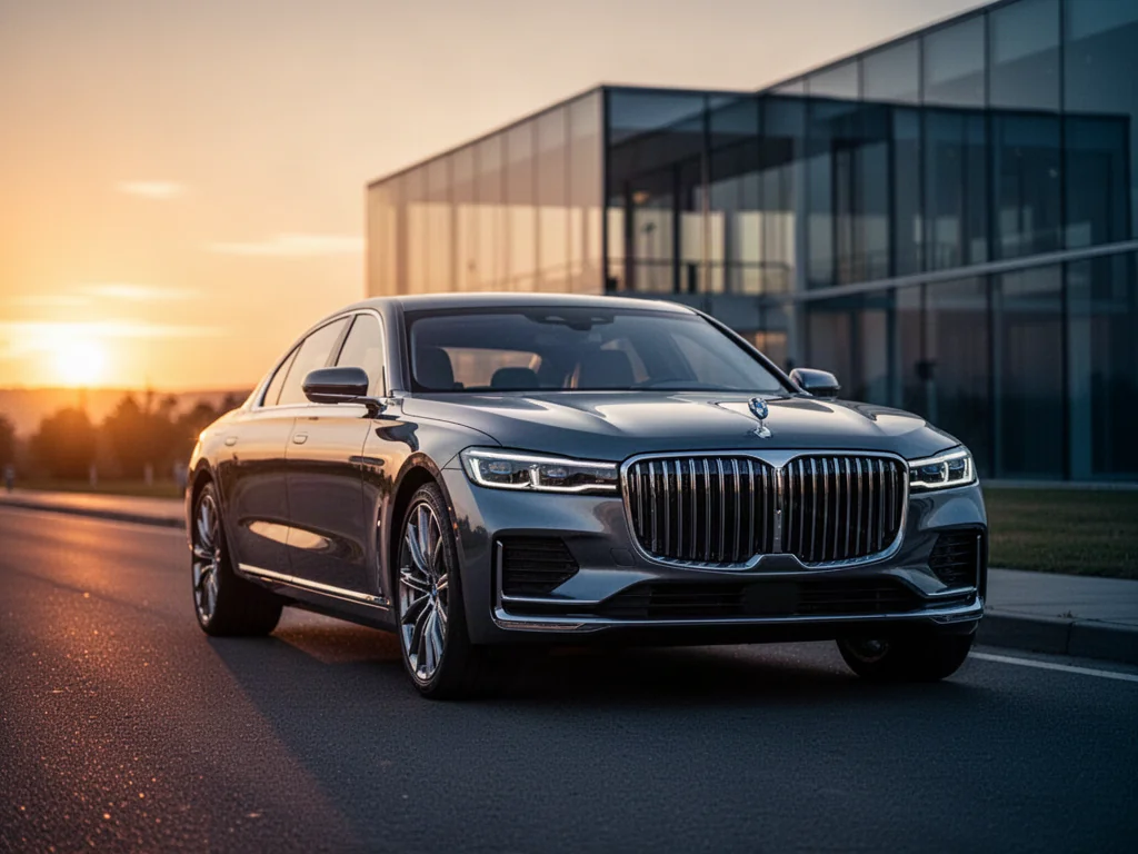 Nowoczesny SUV Hongqi HS5 zaparkowany na tle minimalistycznej architektury w świetle zachodzącego słońca.