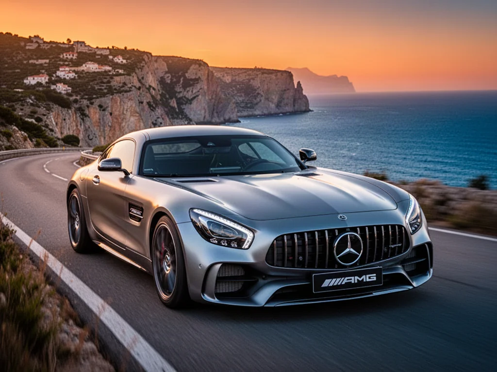 Srebrny Mercedes AMG GT zaparkowany na krętej nadmorskiej drodze podczas zachodu słońca, podkreślający sportową sylwetkę auta.