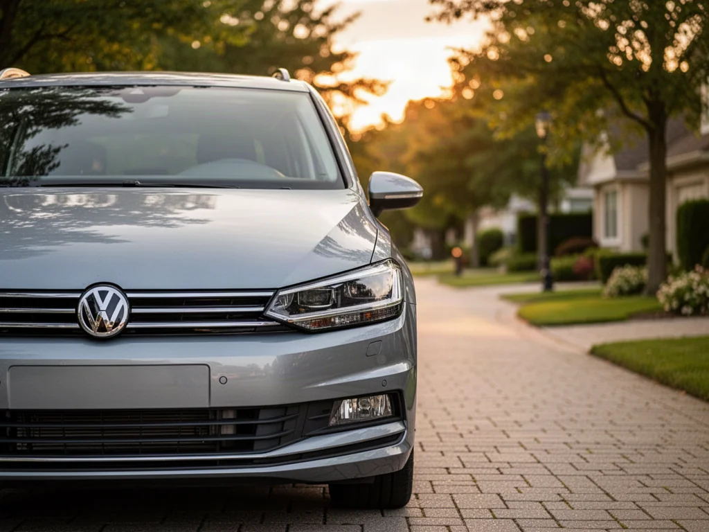 Srebrny Volkswagen Touran zaparkowany na podjeździe w świetle zachodzącego słońca. Widok na przód nowoczesnego minivana.