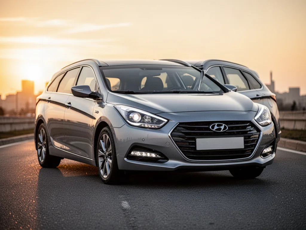 Srebrne kombi Hyundai i40 zaparkowane na asfalcie w świetle zachodzącego słońca, podkreślającym nowoczesną sylwetkę auta.