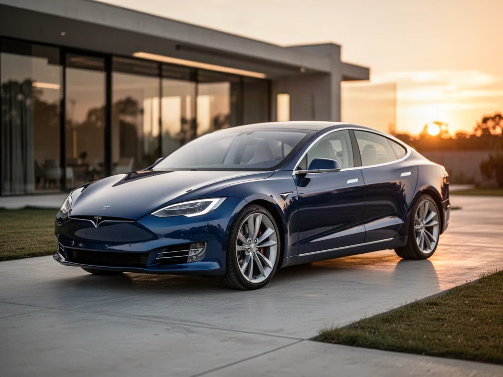 Granatowy sedan Tesla Model S zaparkowany na nowoczesnym podjeździe w świetle zachodzącego słońca.