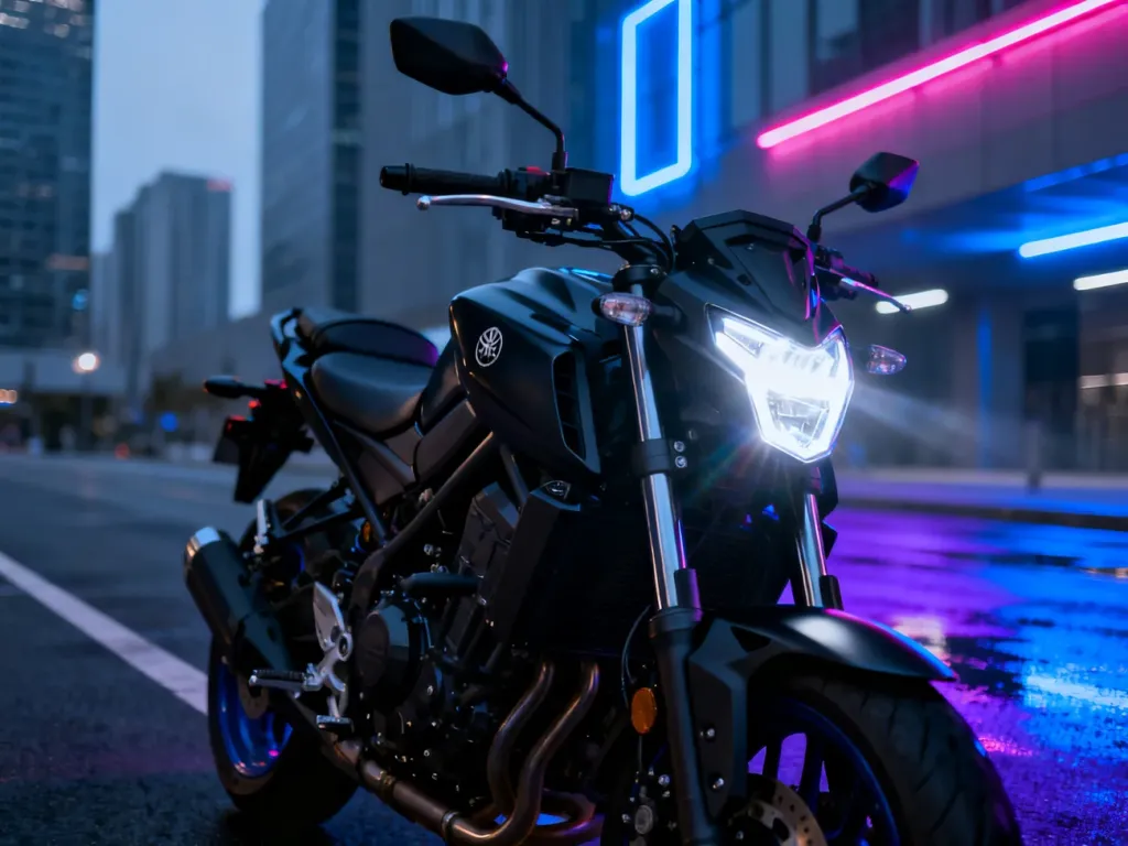 Yamaha MT-07 zaparkowana na nowoczesnej ulicy o zmroku, z wyeksponowanym agresywnym reflektorem LED i miejskim tłem.