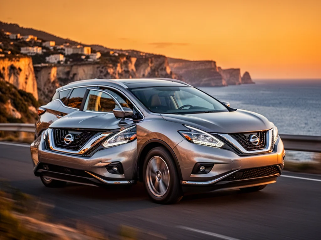 Nowoczesny Nissan Murano zaparkowany na malowniczej nadmorskiej drodze podczas zachodu słońca.