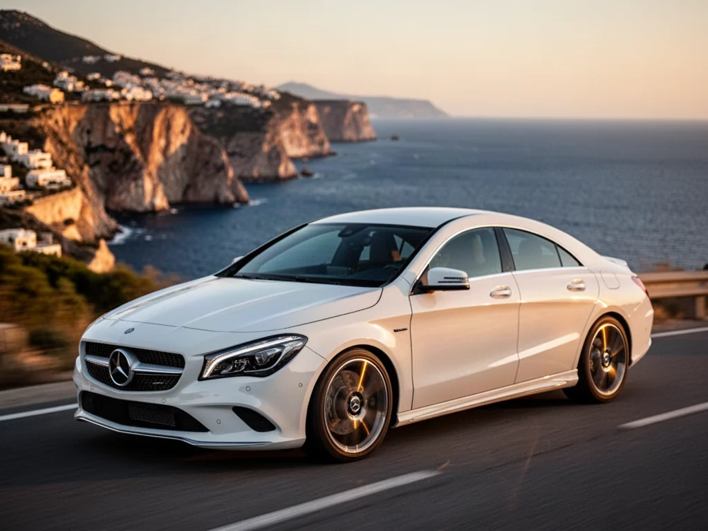 Biały Mercedes CLA zaparkowany na malowniczej nadmorskiej drodze podczas złotej godziny. Elegancka sylwetka auta na tle morza.