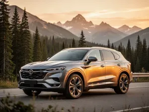 Biały Tesla Model X z otwartymi drzwiami typu falcon-wing zaparkowany przed nowoczesnym domem w świetle zachodzącego słońca.
